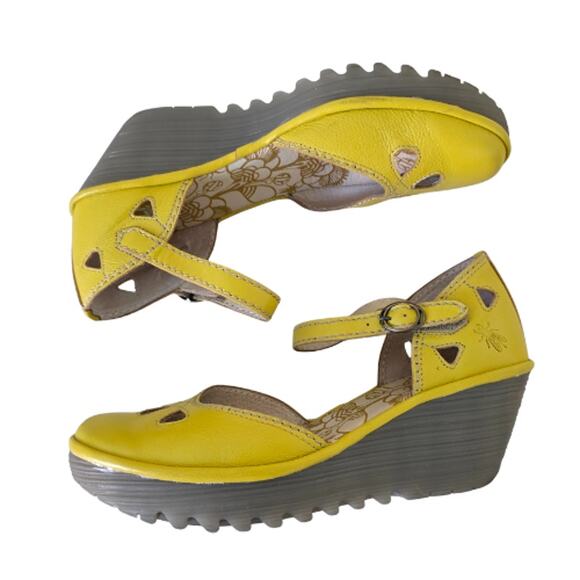 Fly London Yellow Leather Mary Jane Wedge Shoes Women Size 41 Comfort Cutout - Picture 2 of 15